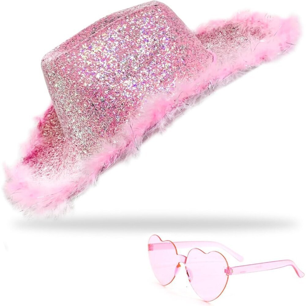 Pink Cowboy Hat with Feather Boa and Heart Sunglasses Women Men Party Accessory
